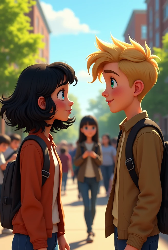 A girl with blue eyes and curly bob hair and very light brown skin talking to a blond boy, turquoise eyes. They sit on a bench and behind a girl who has black hair and bangs looks at them sadly.. In the middle of a crowd at the university. Version pixar 2d.