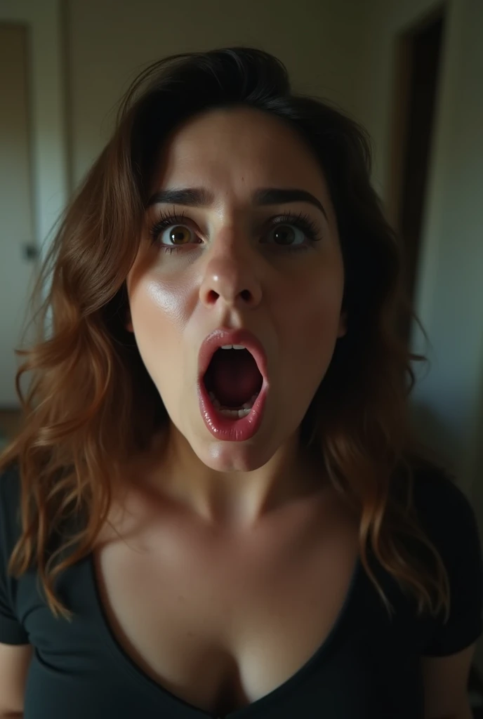 Pov of a pregnant plus size stepmother has opened her mouth because she is hungry and she wants to eat you when you are home alone. HD, realface, cinematic, iphone camera style