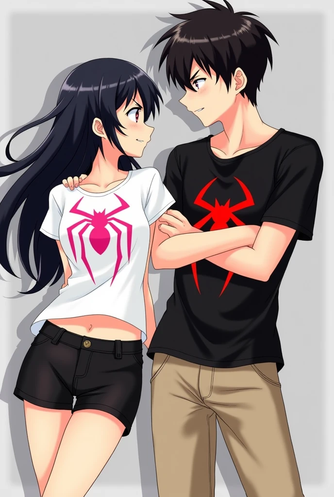 The image you shared shows two characters, both with a youthful appearance and an anime style.
The character on the left is a girl with long black hair, dressed in a white t-shirt, with the pink spiderman spider logo, revealing part of his abdomen. besides, He is wearing black shorts. His expression is playful or confident, as she appears to be smiling slightly and looking at the male character. It's a little red. The character on the right is a boy with short black hair.. He is wearing a black short-sleeved T-shirt, It has the Spiderman spider logo on the chest in red, beige long pants. He is smiling and has his arms crossed, suggesting a relaxed and perhaps slightly defiant attitude as he looks at the girl.
The background of the image is simple, with grey and black tones, which makes the characters stand out more.