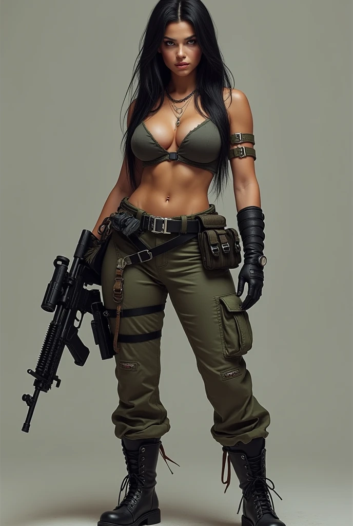 Long,straight Black hair that reached to her calves,very pale skin loke porcelain,honey coloured eyes,plump lips, big breasts 38J wearing a cargo pants,black boots and a croprop with underboob,a belt with rifles,combat knives and other combat equipment,