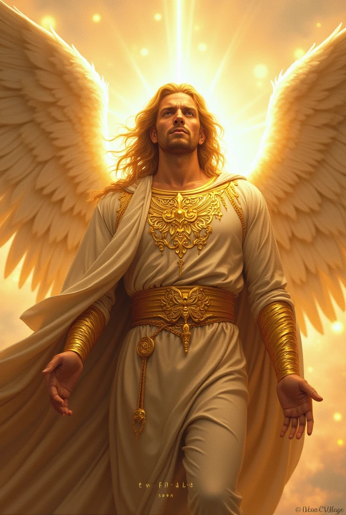 Create an image of Archangel Gabriel, represented in a majestic and powerful way, with golden details and a shining tunic. At the top of the image, Put the text in large, bold letters "EPA #40". At the bottom of the image, add the word "soon" in clear and prominent letters. Finally, On the bottom, add the name of the place "UNION VILLAGE". Make sure the design is impactful, with a heavenly style, and that the texts are legible and well integrated into the visual composition.
