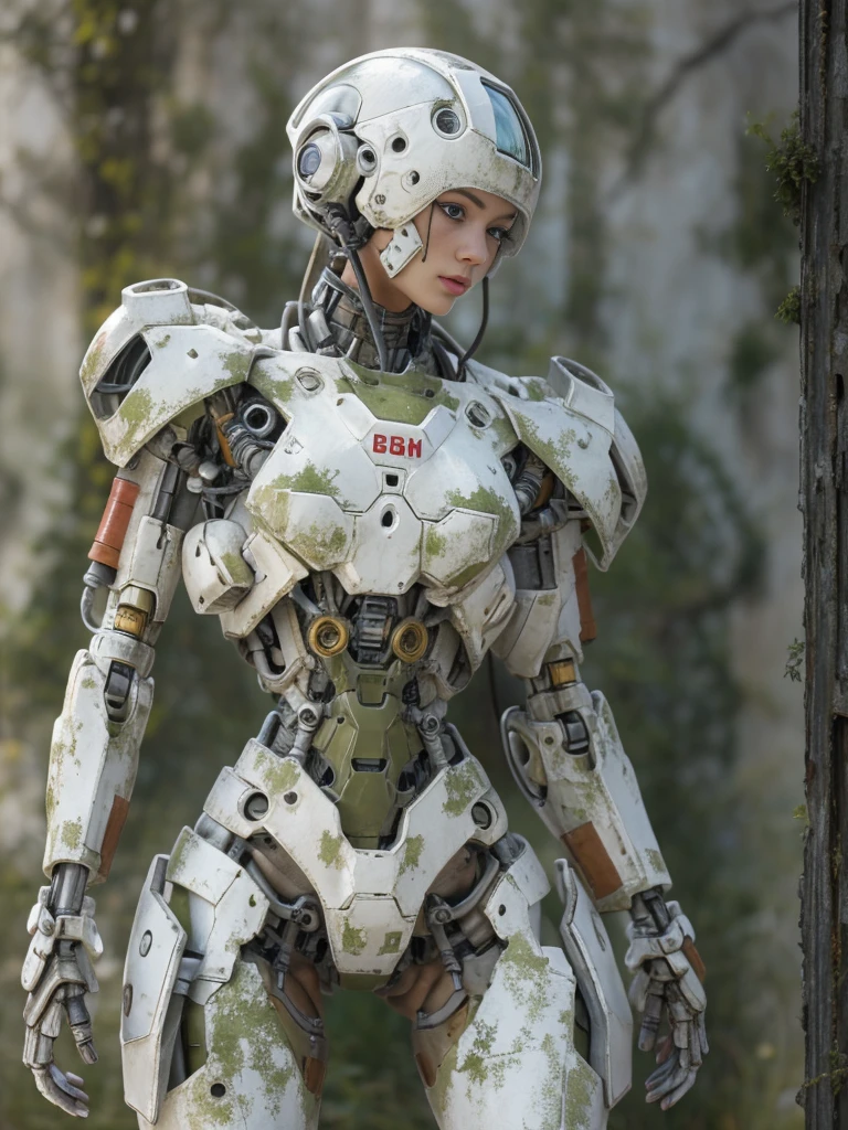 ((masterpiece, highest quality, Highest image quality, High resolution, photorealistic, Raw photo, 8K)), Abandoned robot soldier on battlefield, broken and immobile, rust and moss showing passage of time, female cyborg body, Blonde, female body, biomechanical , extra detailed body, blowjob white mech, white biomechanical details, detailed body, shiny white armor, cybernetic body, eva unit-00 on back, full body details,