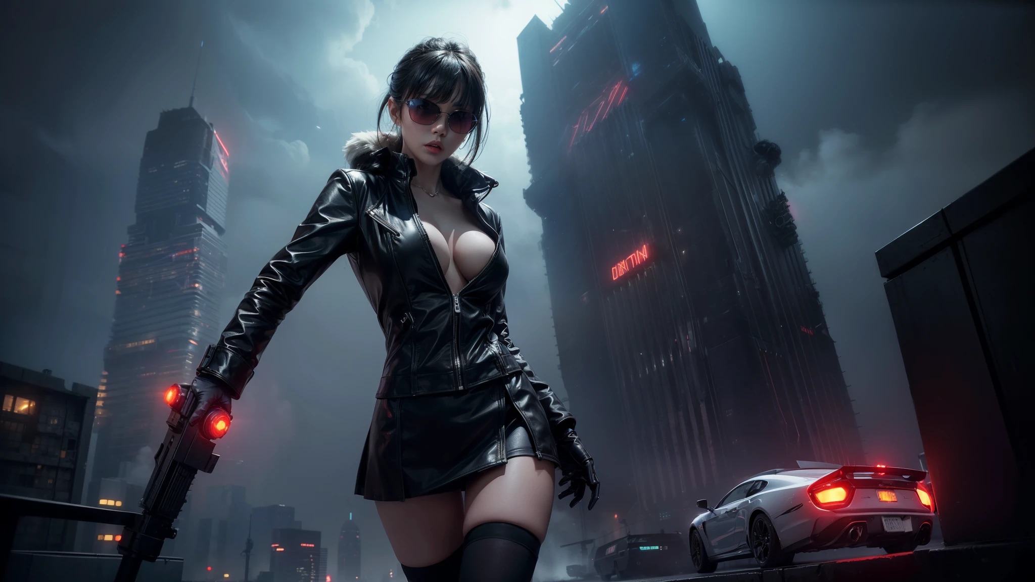 (Wide angle view). Blade Runner style futuristic city, simple outlined neon tall buildings, glowing giant clock tower, flying cars, helicopter, lightning, 3D rendering Beeple. At night, (1girl, solo, alone), photorealistic, medium-breast slim:0.6 body, oval:0.5 face, cleavage:1.1, sexy black laced bra, glove, deep-V, (very low angle view of miniskirt), white laced panty, coat, (Matrix style black micro sunglasses), ((aiming viewer with a short gun)), (running pose), (half-body thigh level close-up shot), cinematic lighting, ray tracing.