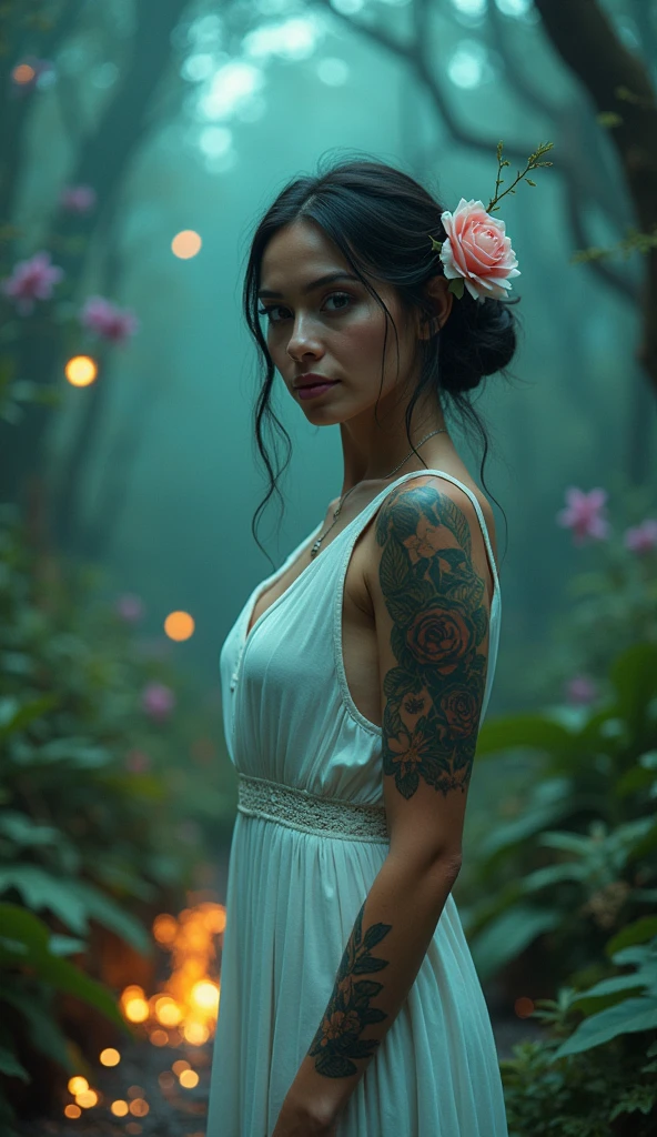 A cinematic photo with a 35mm photograph style. A forest healer woman with an unearthly beauty, beautiful physique, and oily lips is standing in a forest. She has silky makeup and a floral tattoo. She is wearing a white dress and has blue eyes. She is standing in front of a mystical healing source, with magical plants and mysterious moving glowing balls. The background is dark and epic. The photo has a cinematic photo a (apocalyptic fantasy style) and is a masterpiece. It is a highly detailed photo with a bright atmosphere and everything in sharp focus.