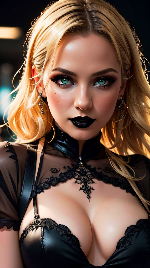 Masterpiece, Cammy, high detail plunging sexy gothic dress, intricately detailed background, (UHD, 8K wallpaper, High resolution), Cinematic lighting, award-winning, extremely detailed skin, extra detailed face, high detail eyes, photo-realistic, Zeiss 85 mm F/1.4, by Ellen von Unwerth
