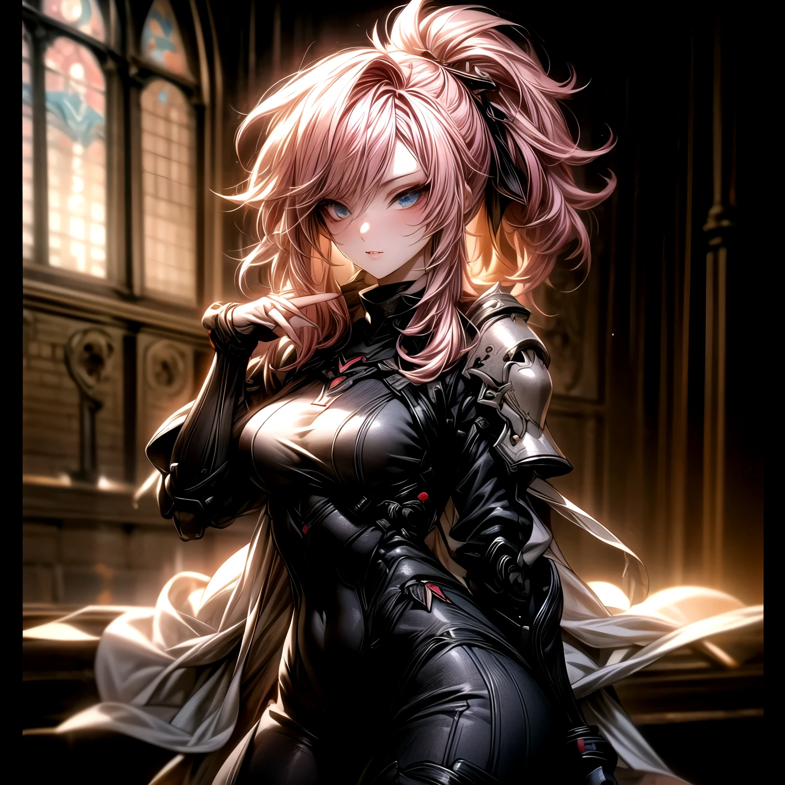 (best quality)), ((Masterpiece)), (details:1.4), 3d, HDR (high dynamic range), an image of a beautiful cyberpunk female, Hips up, Fantasy, pink hair, High ponytail, beautiful White eyes, จมูกโด่ง, ปากแดง, หน้าอกใหญ่, nvidia RTX, PBR surface, After processing, Anisotropic filtration,depth of field, Maximum clarity and clarity, multi-layered surface, Subsurface scattering, perfect proportions, 8K raw files, ultra detailed, Perfect proportions, volumetric lighting, soft lighting, Holy Paladin, Heavy Black Armor, glossy skin, Chapel background, jewely, ต่างหู, นิ้วมือสมบูรณ์,