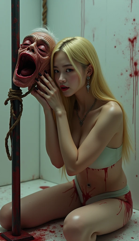 (((photorealistic:1.4))), ultra realistic, pores, (((masterpiece))),high quality, ultra details, realistic white skin beautiful face pretty korean idol adult smilling bloody woman showing long sharp black fingernails, model, very pretty, vein on hands, wearing sexy outfit, pretty long legs, ring on fingers, long yellow hair, long earrings, big necklace, grabbing painful expression of realistic ugly old man head tied up on the post with throat ripped, blood splatter everywhere, extreme gore, looking at camera, night, white torture room with torture device on the table, looking at camera,