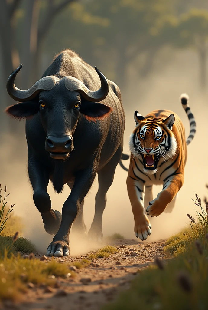 buffalo  run away tiger  With its back leg




