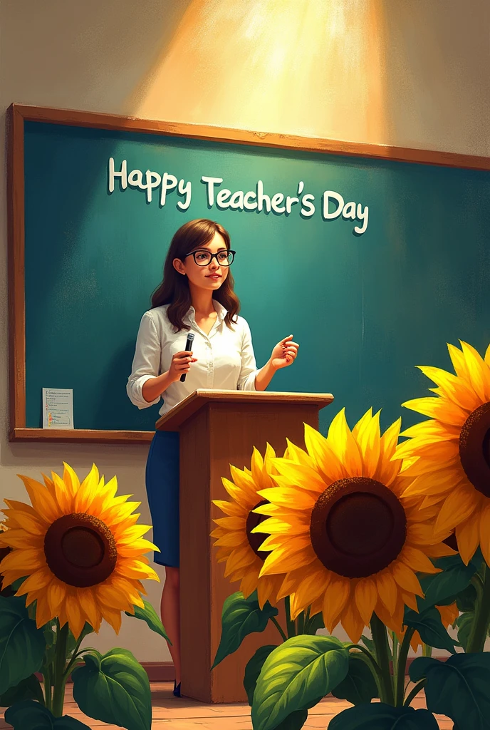 Teacher's Day,In the morning, a teacher was standing in front of the podium and giving a lecture.,There is a bunch of sunflower flowers on the podium,The sun shines on the teacher and the flowers,The atmosphere of light and shadow is strong,Some halo in the foreground,author monet,Impressionism,painting,Texture,Colorful blackboard with "Happy Teacher's Day" written on it