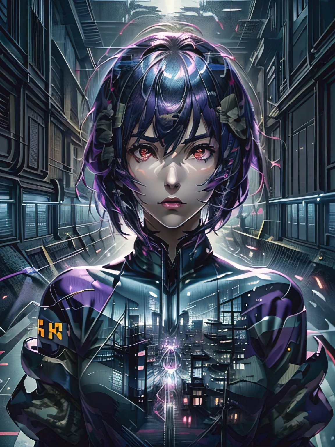 Ghost in the Shell, Motoko Kusanagi, very beautiful face, Purple short bob cut, Slightly asymmetrical bangs, red eyes, ((Optical Camouflage Suit, Optical camouflage suit from the neck down), (Double exposure on the neck down:1.3, double exposure), Jump up into the sky, view From above, Facing the camera, The background is Tokyo's buildings at night, Reflective and shiny, ((Night Scenery)), Lots of window lights, Glitching, ((masterpiece, best quality, high resolution))