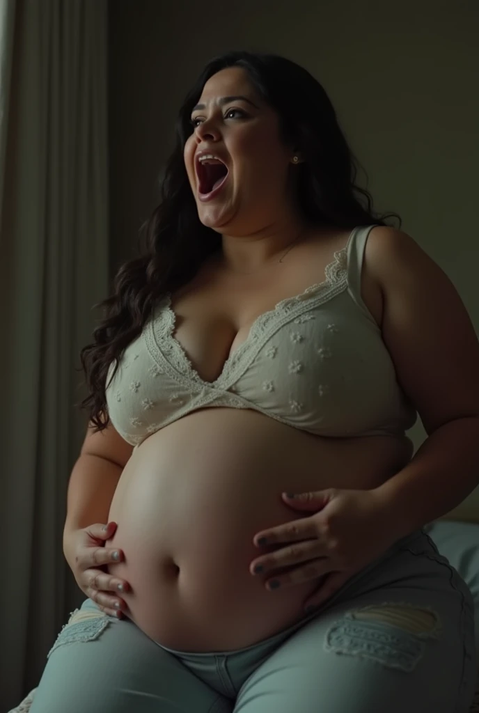 Pov of a pregnant plus size stepmother has opened her mouth because she is hungry and she wants to eat you when you are home alone. HD, realface, cinematic, iphone camera style