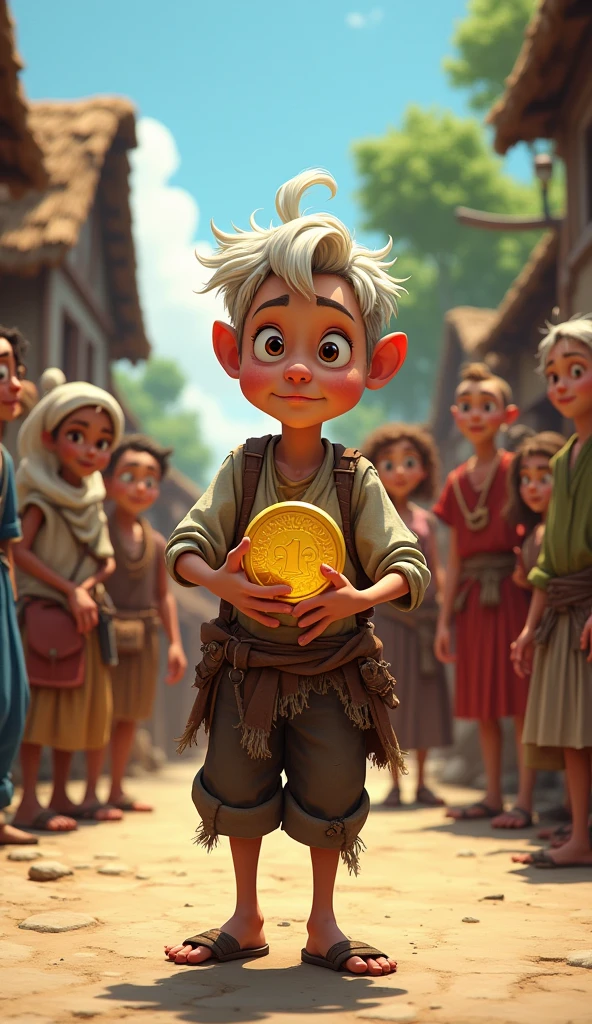 Poor Older boy wearing rags clothes go on village and hold coin and said to village people who is the onwer of this coin cartoon all villagers see the boy on shocking and exciting way villager come to stand all and see what happened here