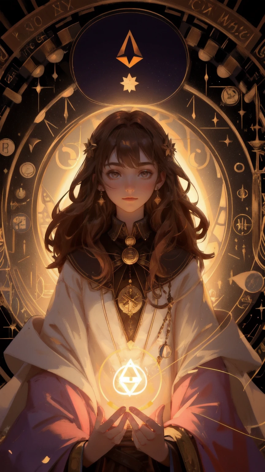 A beautiful young female alchemist performing a magical ritual with floating altcoins like Bitcoin and Ethereum. The scene is filled with mystical energy, surrounded by alchemical tools and symbols, all illuminated by a warm glow. The background should be a deep, rich brown, enhancing the mysterious atmosphere of 'Altcoin Alchemy.