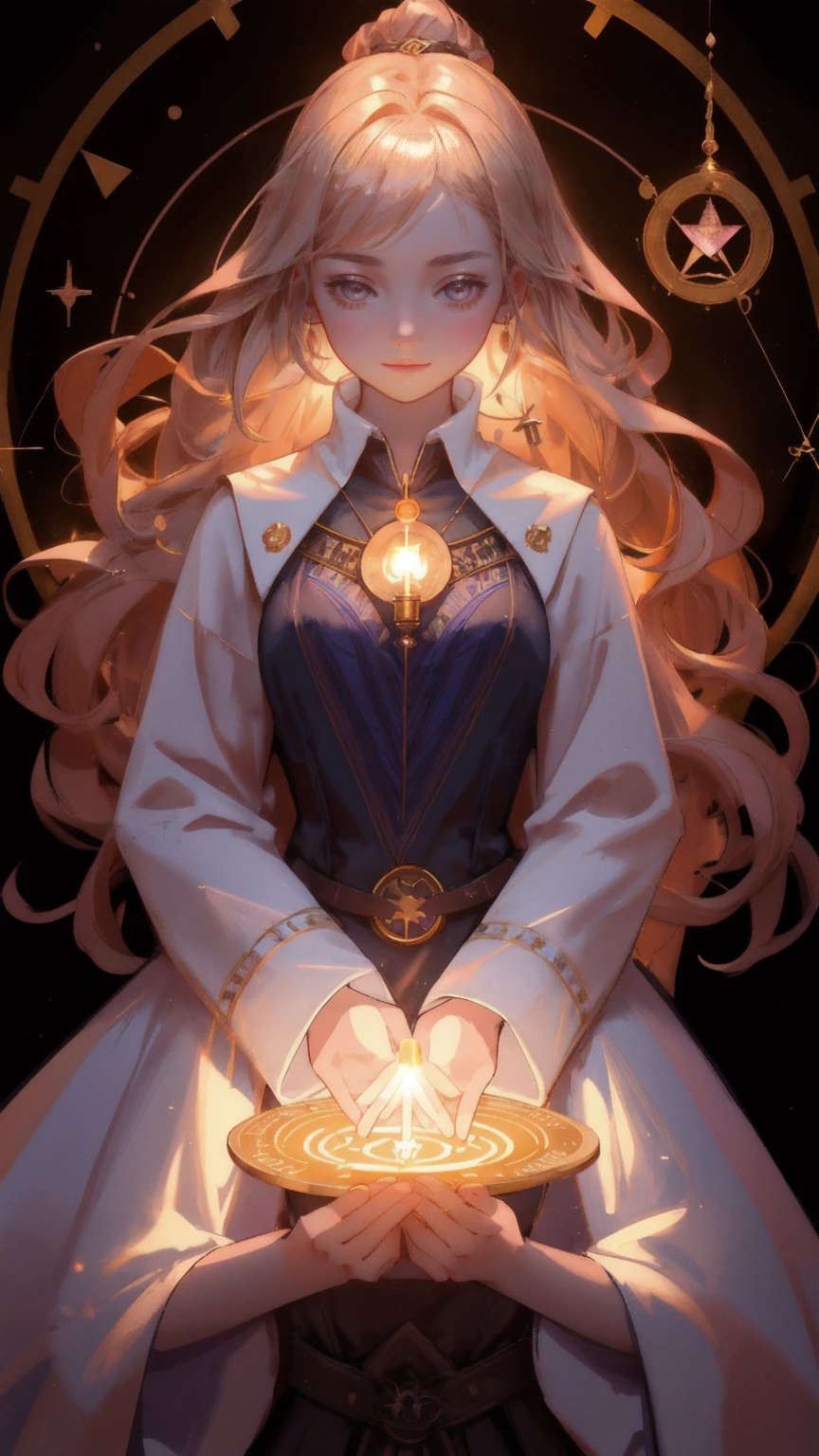 A beautiful young female alchemist performing a magical ritual with floating altcoins like Bitcoin and Ethereum. The scene is filled with mystical energy, surrounded by alchemical tools and symbols, all illuminated by a warm glow. The background should be a deep, rich brown, enhancing the mysterious atmosphere of 'Altcoin Alchemy.