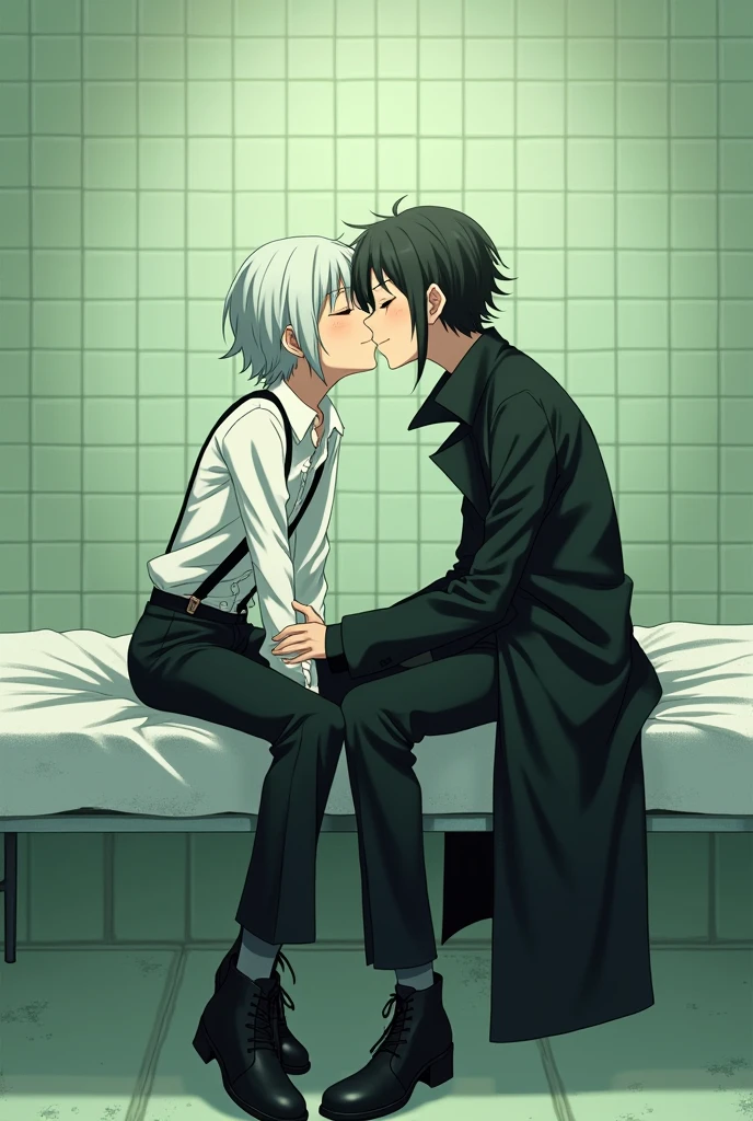 atsushi and akutagawa from bungo stray dogs playfully kissing. Draw them as they are depicted visually in the Bungo Stray Dogs anime. no furries. atsushi has black suspenders over a white disheveled button up shirt, black pants that stop at his calves, black chukka boots. Atsushi is adorable and naive and innocent, has short choppy bright silver hair in an asymmetrical bob haircut with one long sidelock that goes down to just above his shoulder. Akutagawa wears an all black suit, he is very very thin and slender, wears a long sinister black trenchcoat with the lapels and collar flipped up around his neck. Akutagawa has short choppy spikey hair in a punky bob haircut. He has two sidelocks that fade to pure white at the ends that stop just above his shoulders. His trenchcoat is always fluttering dramatically around him. They are joking around flirtatiously, and end up with a cute kiss. They are sitting side by side cross-legged on a hospital bed in a tiled pale green-tinted dusty old room. 