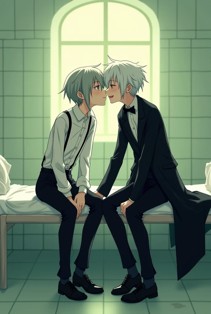 atsushi and akutagawa from bungo stray dogs playfully kissing. Draw them as they are depicted visually in the Bungo Stray Dogs anime. no furries. atsushi has black suspenders over a white disheveled button up shirt, black pants that stop at his calves, black chukka boots. Atsushi is adorable and naive and innocent, has short choppy bright silver hair in an asymmetrical bob haircut with one long sidelock that goes down to just above his shoulder. Akutagawa wears an all black suit, he is very very thin and slender, wears a long sinister black trenchcoat with the lapels and collar flipped up around his neck. Akutagawa has short choppy spikey hair in a punky bob haircut. He has two sidelocks that fade to pure white at the ends that stop just above his shoulders. His trenchcoat is always fluttering dramatically around him. They are joking around flirtatiously, and end up with a cute kiss. They are sitting side by side cross-legged on a hospital bed in a tiled pale green-tinted dusty old room. 