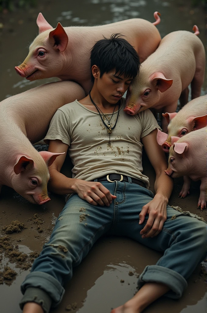 Young man crying in jeans and torn t-shirt, lying in a mud puddle eating with pigs