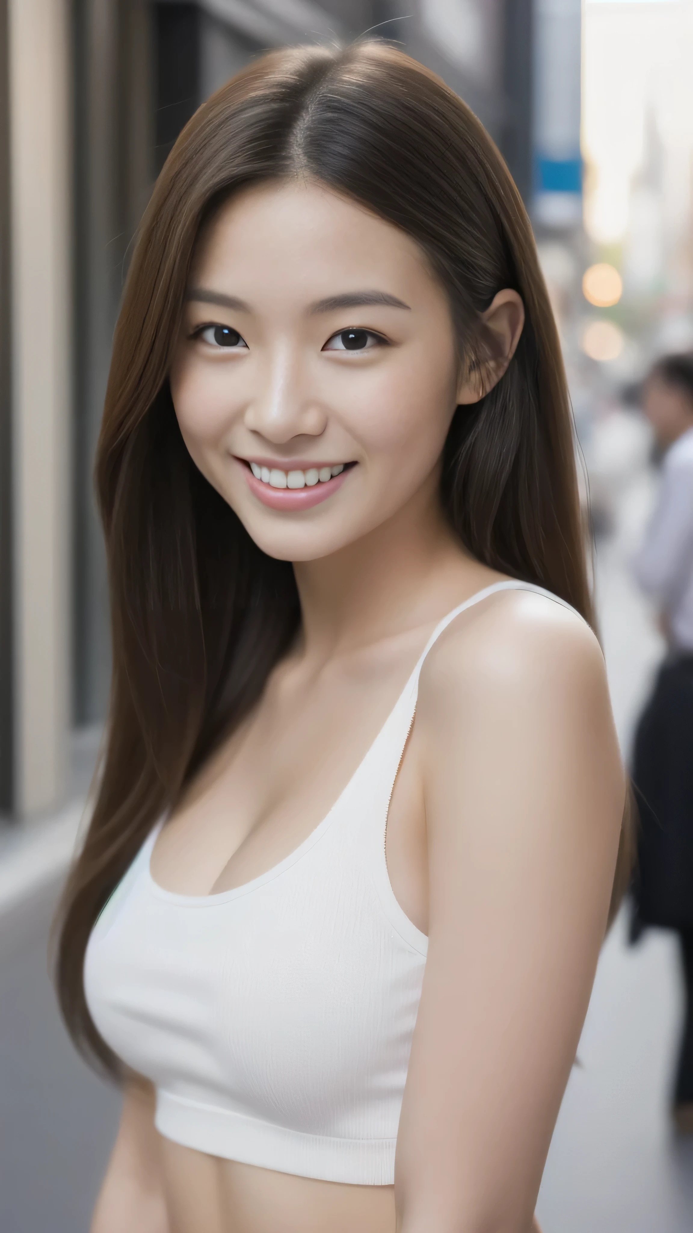Hostess in Ginza、White tank top、high quality、Surreal、healthy、Smiling face、Slim and perfect figure、Japanese Beauty、Beautiful Eyes、Perfect Face、Beautiful Skin、Business district，skyscraper