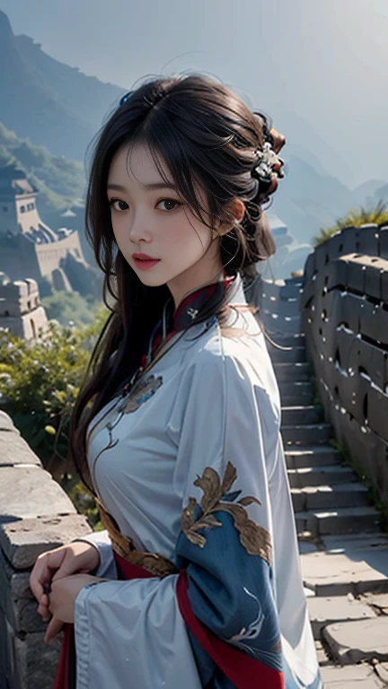 A portrait of a young Asian woman in a red traditional Chinese dress, detailed beautiful eyes and face, flowing dark hair, stands on the ancient stone steps of the Great Wall of China. The wall snakes through a verdant mountain range, disappearing into a soft mist in the distance. Lush green forests blanket the slopes, creating a serene and captivating scene. Capture the majesty of the wall and the feeling of awe and wonder it inspires
