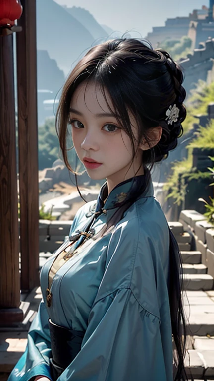 A portrait of a young Asian woman in a red traditional Chinese dress, detailed beautiful eyes and face, flowing dark hair, stands on the ancient stone steps of the Great Wall of China. The wall snakes through a verdant mountain range, disappearing into a soft mist in the distance. Lush green forests blanket the slopes, creating a serene and captivating scene. Capture the majesty of the wall and the feeling of awe and wonder it inspires