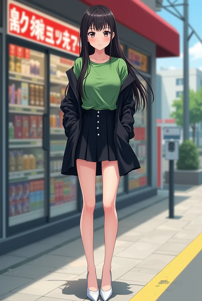 1 Japanese woman,Age 18,long hair,Green short sleeve shirt inside,Black long-sleeved shirt, unbuttoned outside,Short black skirt,white high heels,behind,convenience store