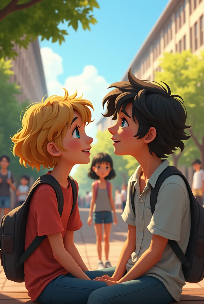 A girl with blue eyes and curly bob hair without bangs and very light brown skin talking to a blond boy, turquoise eyes. They sit on a bench and behind a girl standing who has black hair and bangs looks at them sadly.. In the middle of a crowd at the university. Version pixar 2d.
