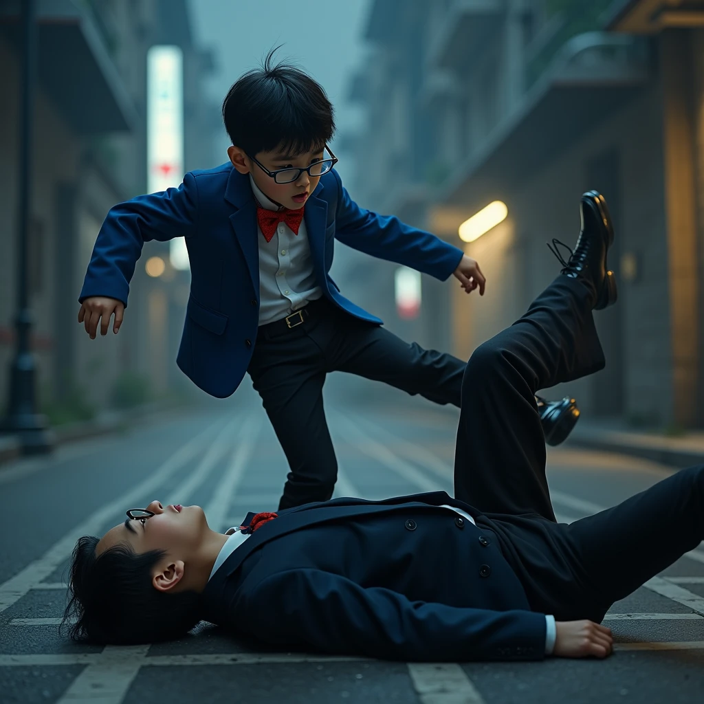 Boy　Looks like a child　Asian　Primary school students　Glasses　Blue jacket　Red bow tie　Detailed clothing　City of night　Kicking a man　Lying next to him was an adult man dressed entirely in black.　Being kicked by a boy