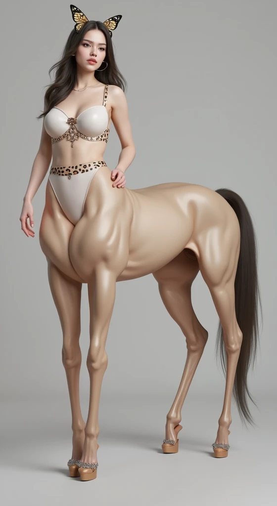 1Centaur Girl，Four legs，Leopard print underwear，Leopard-print clothing，Leopard print，Crystal high heels，The whole body is dazzling and starry，（Horses have human skin.）（Flesh-colored skin (Cynthia Sheppard), Fair and shiny skin, Full body CGsociety, Beautiful full body concept art, horse, smooth Fair and translucent skin, Pretty blue butterfly hair accessories and pale porcelain skin, Gu Weiss, Fair and translucent skin, Pale skin,,Ivory white skin, Light milky white porcelain skin，（Skin tone consistency）