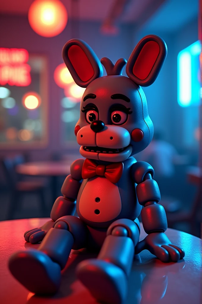 Toy fnaf girl with open legs big tits and big ass sitting on a table fnaf pizzeria background illuminated with blue lights