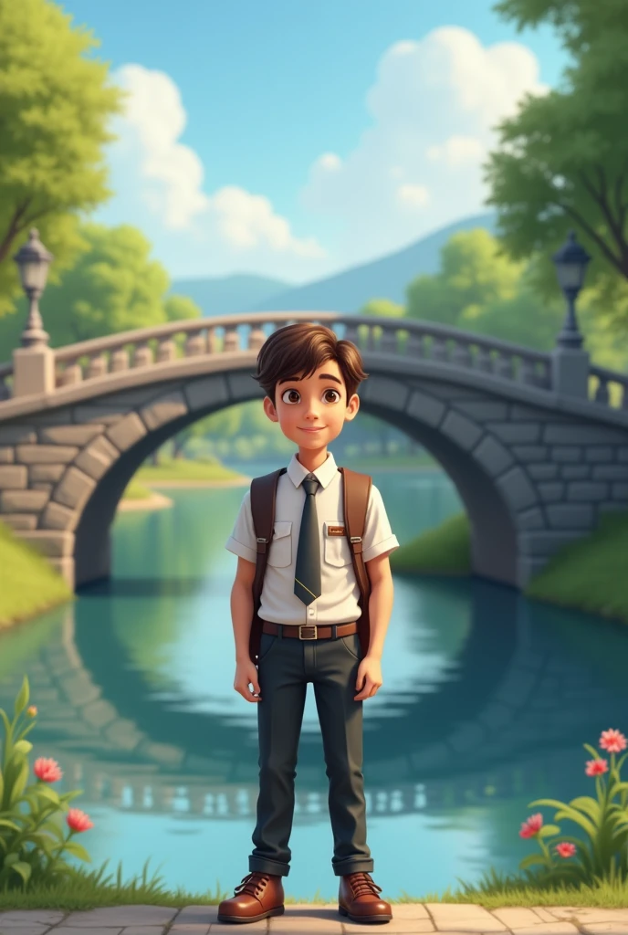 A handsome boy in school dress. With school bag.
In front of a river bridge