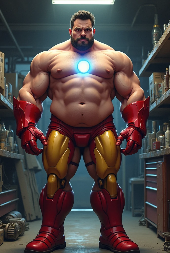 Marvel comics iron man character with iron briefs shirtless with ark reactor on chest . muscular and corpulent. very muscular. Garage Fund. American style drawing image hd . Diagonal view 