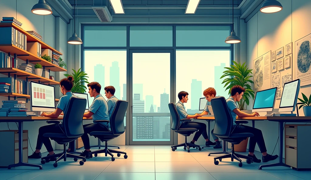 (Comic Book) Passez de l'image d'un bureau encombré à un espace de travail dégagé, avec des professionnels concentrés sur leur travail technique.