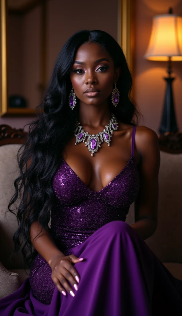 A photo of a thin and busty black woman with long straight black hair. She is wearing large silver earrings with purple stones, a silver necklace with purple stones, and a long purple dress covered in sequins. The dress has a deep and revealing neckline. The woman is sitting on a sofa in a chic house at night.