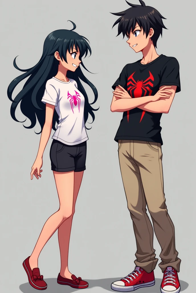 The image you shared shows two characters, both with a youthful appearance and an anime style.
The character on the left is a girl with long black hair, dressed in a white t-shirt, with the pink spiderman spider logo, revealing part of his abdomen. besides, He is wearing black shorts. His expression is playful or confident, as she appears to be smiling slightly and looking at the male character. It's a little red. The character on the right is a boy with short black hair.. He is wearing a black short-sleeved T-shirt, It has the Spiderman spider logo on the chest in red, beige long pants. He is smiling and has his arms crossed, suggesting a relaxed and perhaps slightly defiant attitude as he looks at the girl.
The background of the image is simple, with grey and black tones, which makes the characters stand out more.
