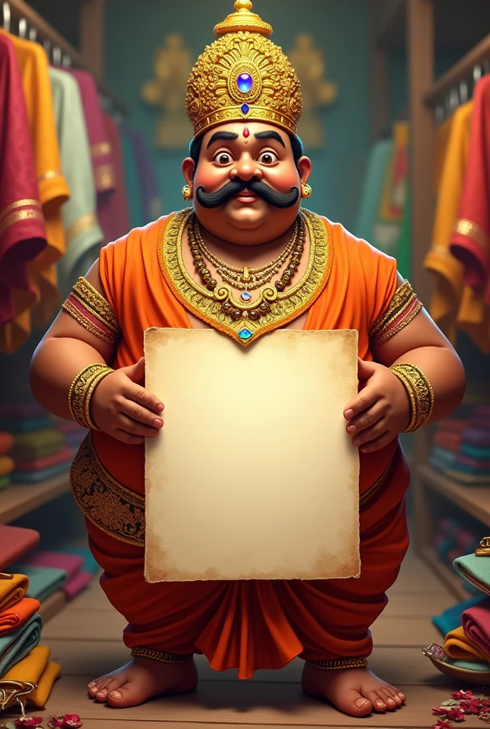Create an image of Maveli, the Onam king, as a chubby man with only a prominent moustache and no beard. He should be wearing traditional attire, such as a richly embroidered dhoti and a crown. The background is a clothing shop and he is holding a blank poster