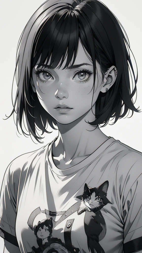 1 boyish girl, solo, sharp eyes, expressionless, monochrome, greyscale, short black hair, portrait, white T-shirt, closed mouth, looking at viewer, graphite \(medium\), detailed lips, hatching \(texture\), without makeup, bangs, upper body, (best illustration), (best quality), (very detailed), (masterpiece), expressionless,