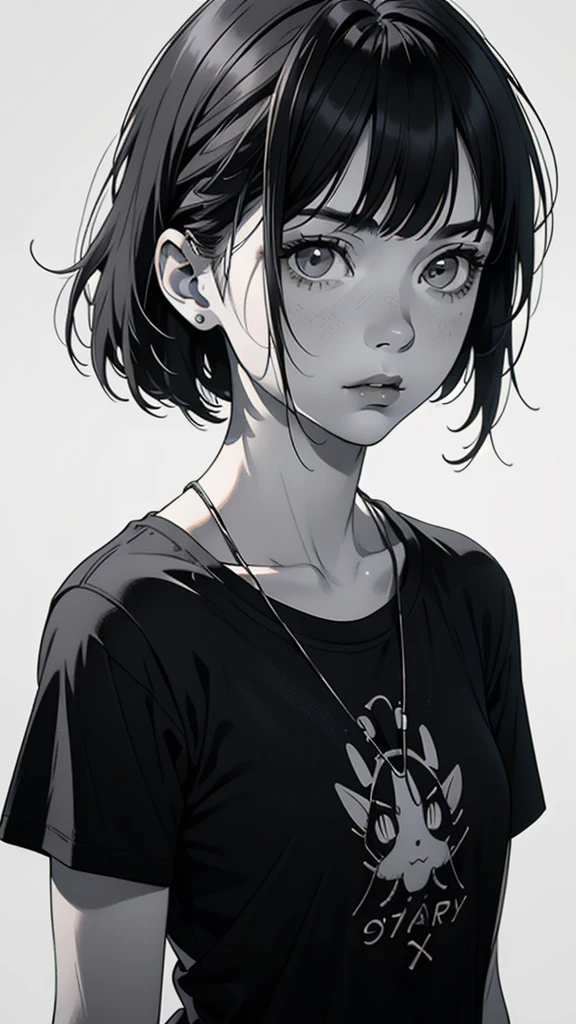 1 boyish girl, solo, sharp eyes, expressionless, monochrome, greyscale, short black hair, portrait, white T-shirt, closed mouth, looking at viewer, graphite \(medium\), detailed lips, hatching \(texture\), without makeup, bangs, upper body, (best illustration), (best quality), (very detailed), (masterpiece), expressionless,