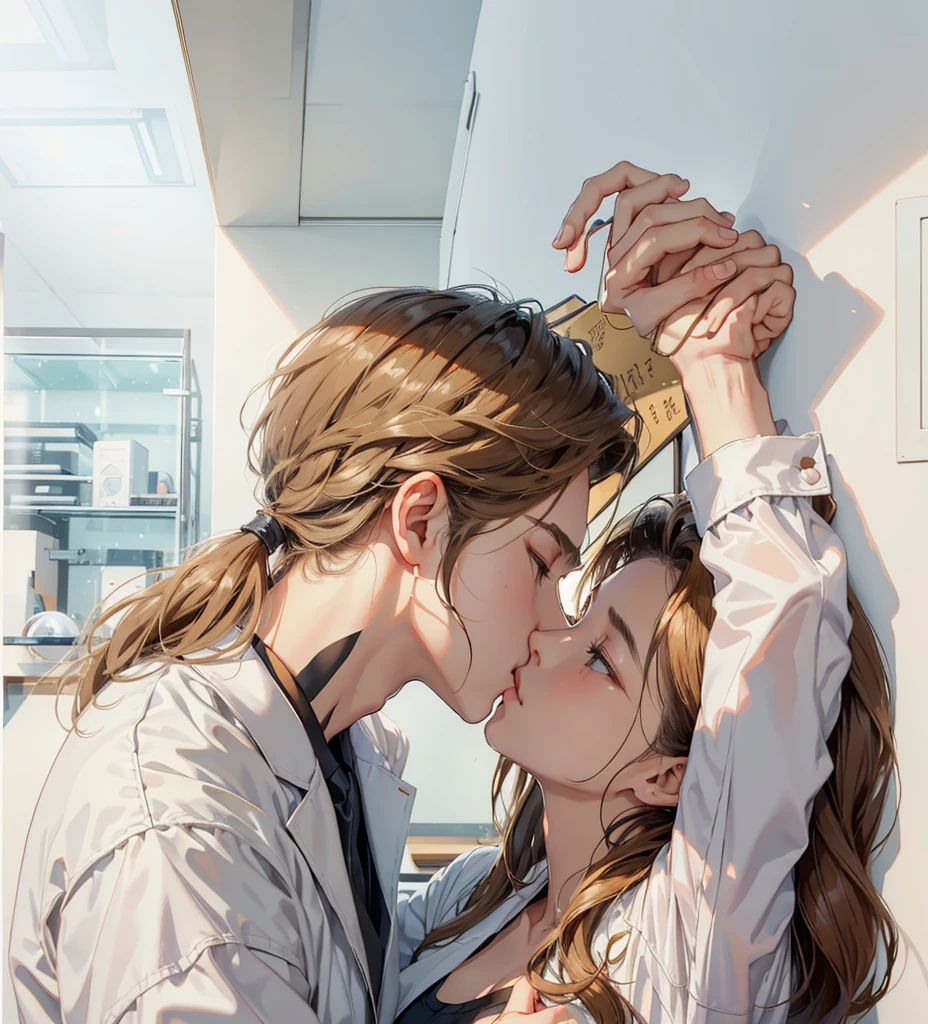 Upper Body,laboratory,daytime,indoor,背景是laboratory,Equipment,Wall,indoor,Glass,Experimental vessels,(一个帅气的金发欧美男子kiss一个20岁的欧美女模特)kiss,Holding Hands,Arms raised,Hands propped up on the wall,Golden brown hair,Ponytail,A boy,A girl,Boys wearing white shirts,Black suit pants,Girl wearing white coat,Black dress,(,muscular,Caucasian ethnicity,Atmosphere,High Detail,Standing,