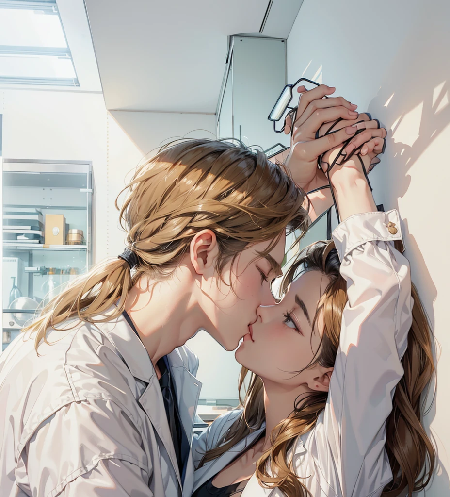 Upper Body,laboratory,daytime,indoor,背景是laboratory,Equipment,Wall,indoor,Glass,Experimental vessels,(一个帅气的金发欧美男子kiss一个20岁的欧美女模特)kiss,Holding Hands,Arms raised,Hands propped up on the wall,Golden brown hair,Ponytail,A boy,A girl,Boys wearing white shirts,Black suit pants,Girl wearing white coat,Black dress,(,muscular,Caucasian ethnicity,Atmosphere,High Detail,Standing,