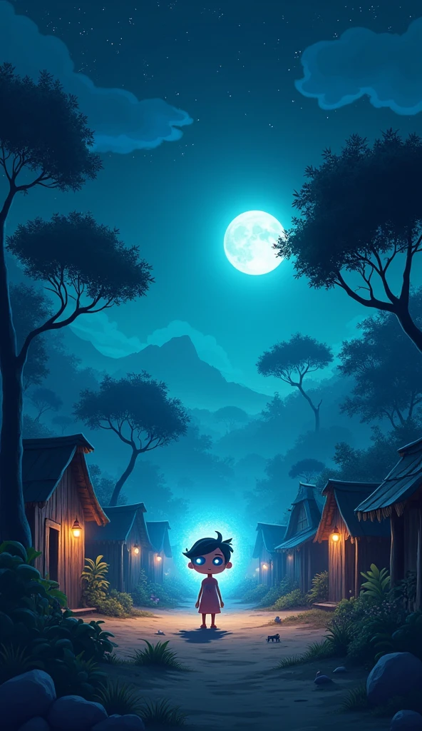 Create in the style of viral real cartoon digital illustration in 4K quality, " in the night Silence of a small village, a mysterious child is being born. The child has a unique glow in his eyes, shining in the dark. The villagers, full of anxiety and astonishment, are watching the child from afar. The huts of the village and the surrounding trees are also making the atmosphere of this mysterious phenomenon even more mysterious. The light of the moon and the cold wind of the night are making this scene even more sanitised."