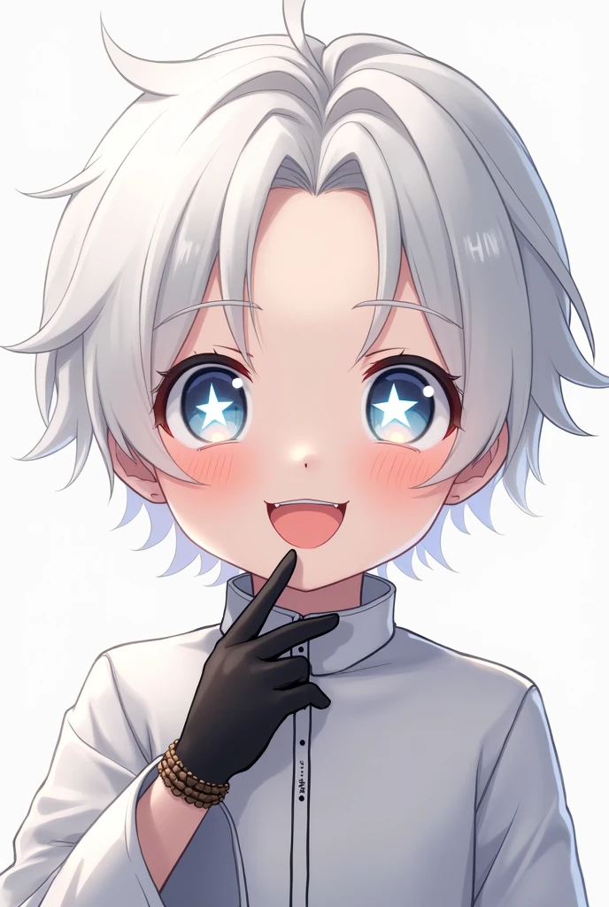 Generates an anime-style image of a 1 boy with: by white, green eyes, 8-pointed star-shaped white pupils, have a big smile, with completely white hair, with white eyelashes,  White clothes, and black gloves, 