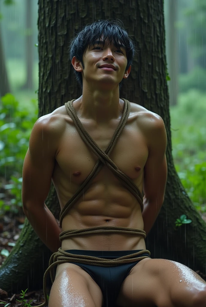 (((muscular,shirtless guy))), (((19yo,slim, muscular, fit twink))), (((ripped sixpack))), ((((Trussed up completely with rope)))), ((((ropes crossed over chest)))), (((body trussed up in tight fitting shibari ropes))), (((beautiful boy))), (((beautiful face, K-pop type))),  (((slim fit body))), ((medium-lenght curtain hairstyle))), (((wearing speedos))) kneeling, (((arms behind back))), Smiling, (((in a rainy forest))), ((leaning against a tree))), (((wet skin and hair)))