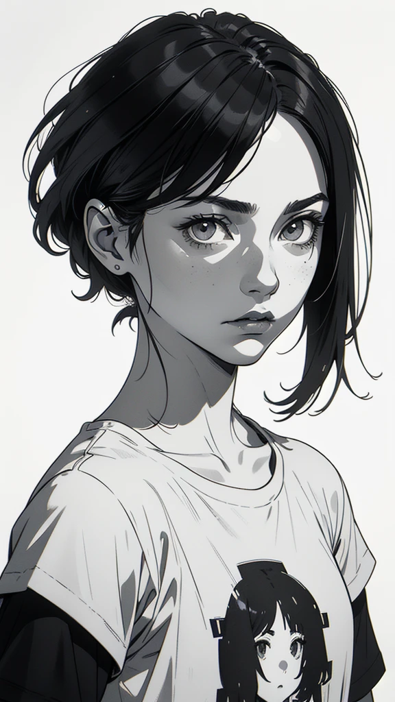 1 boyish girl, solo, sharp eyes, expressionless, monochrome, greyscale, short black hair, portrait, white T-shirt, closed mouth, looking at viewer, graphite \(medium\), detailed lips, hatching \(texture\), without makeup, bangs, upper body, (best illustration), (best quality), (very detailed), (masterpiece), expressionless,