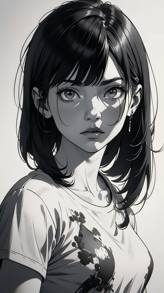 1 boyish girl, solo, sharp eyes, expressionless, monochrome, greyscale, short black hair, portrait, white T-shirt, closed mouth, looking at viewer, graphite \(medium\), detailed lips, hatching \(texture\), without makeup, bangs, upper body, (best illustration), (best quality), (very detailed), (masterpiece), expressionless,