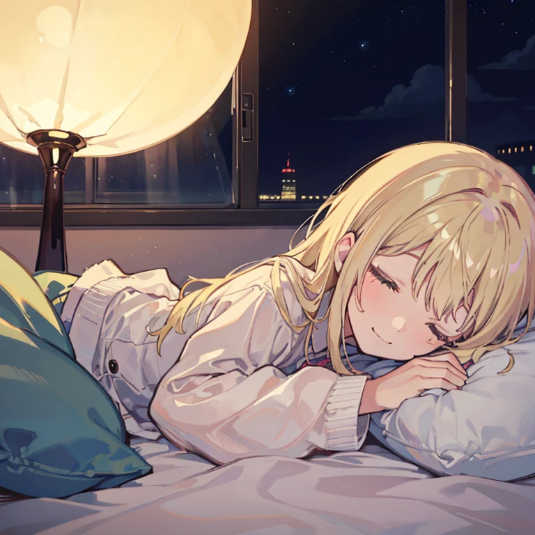 Girl Sleeping Happy sleeping face At the bed Inside the room By night Cloudy Blonde
