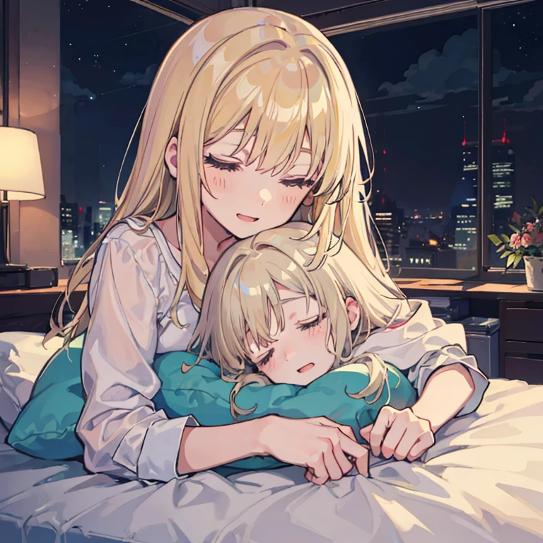 Girl　Sleeping　Happy sleeping face　At the bed　Inside the room　By night　Cloudy　Blonde