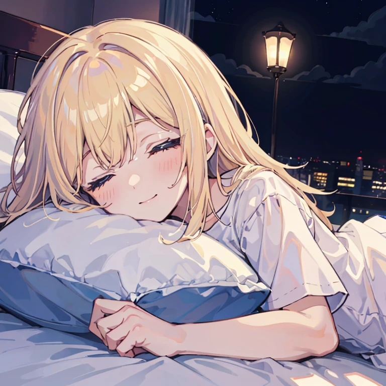 Girl　Sleeping　Happy sleeping face　At the bed　Inside the room　By night　Cloudy　Blonde