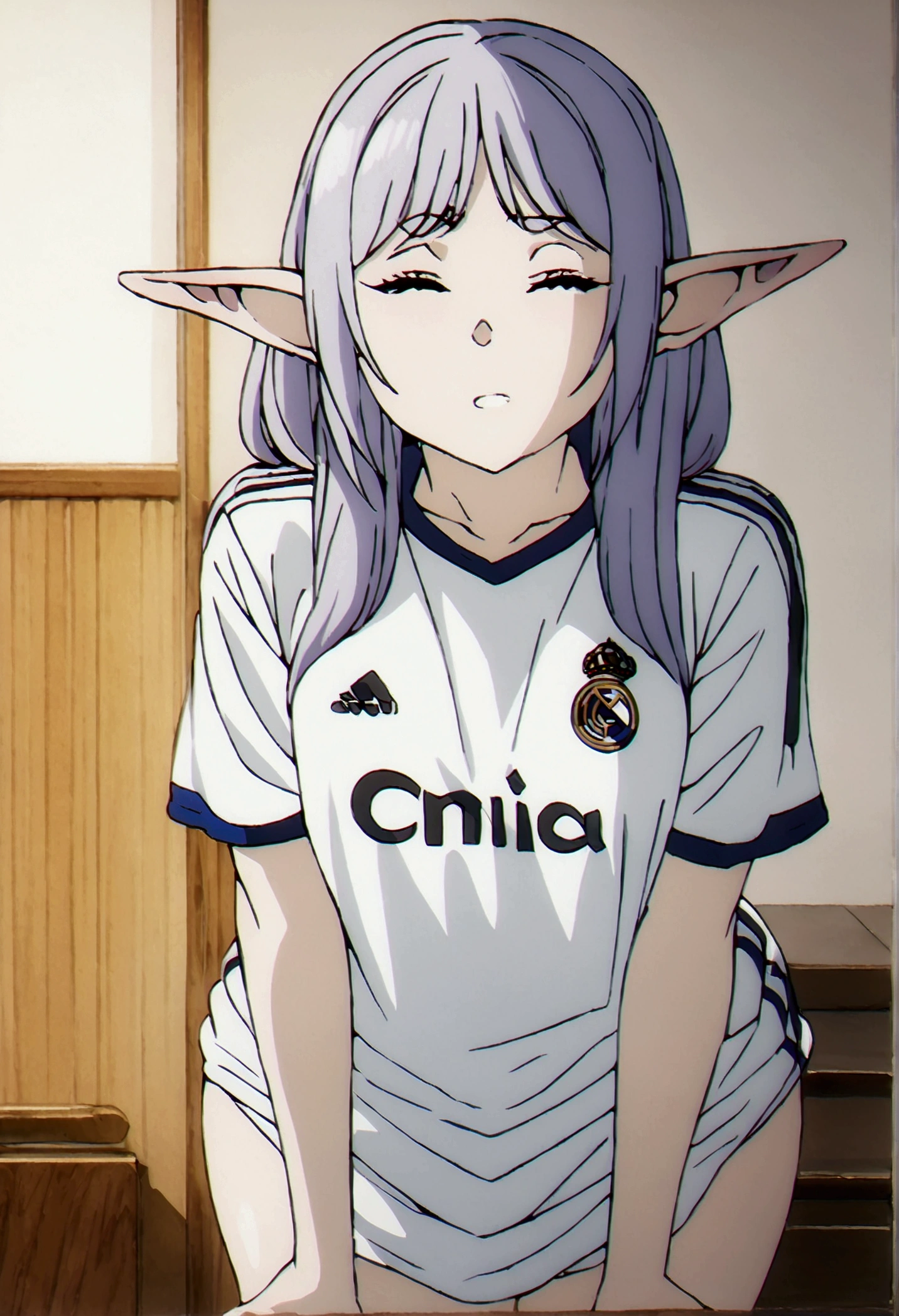 (best qualityer, work of art),sexually,  erotic, 18+, NSFW, 1 girl, 1 , dressed in the Atlético de Madrid shirt , elf ear 