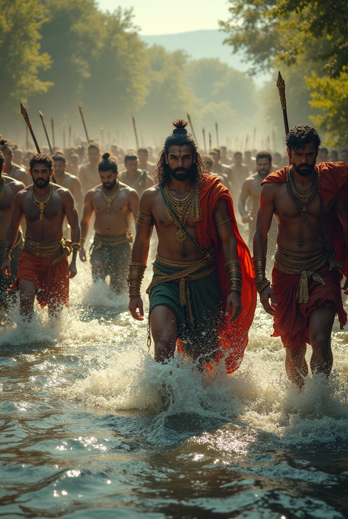 Scene 5: The Army Crosses the River
The soldiers, now full of renewed energy and confidence, begin crossing the river. Some wade through the shallow waters, while others are seen helping each other across. The sunlight reflects off the water, creating a glimmering path. Nandimithra, standing on the bank, watches over them, ensuring everyone crosses safely. His presence is reassuring, and the soldiers move with a sense of purpose, knowing they have a mighty protector in their midst.