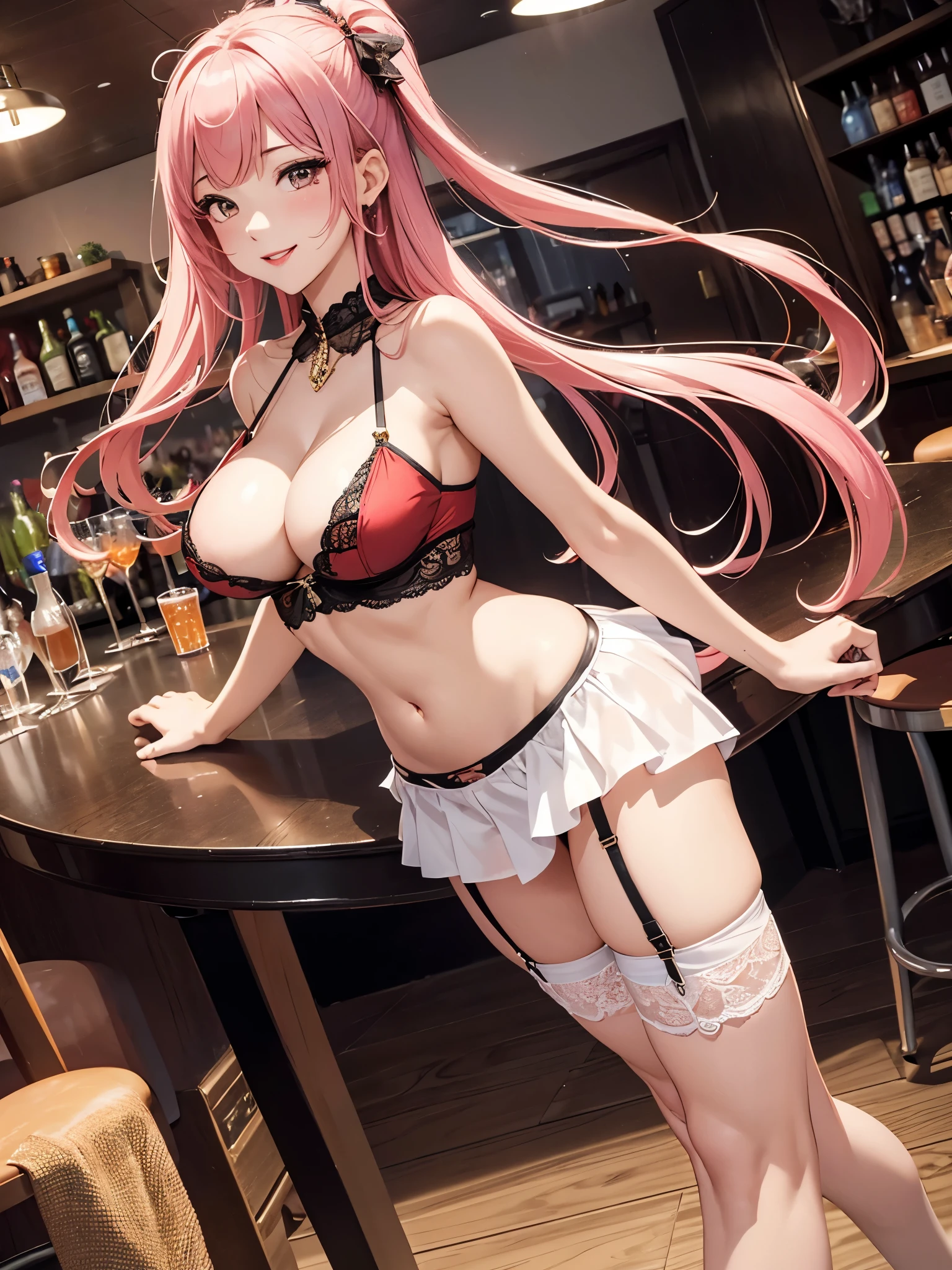 High definition、Highest quality、Skin like in the picture、Flowing hair texture、Red lips、G-cup bust、Smiling Beauty、Woman in a lovely colorful tank top、Chest cleavage、belly button、chest、Midriff look、Pole dancing beauty、At the cafe bar、shrine、Colorful garter belts and fishnet stockings、A woman being covered in a large amount of milky liquid、Navel exposed、Short skirt、T-back shorts、whole body、Beautiful woman in standing pose、Thighs、Cleavage、stiletto heels、Nice body、